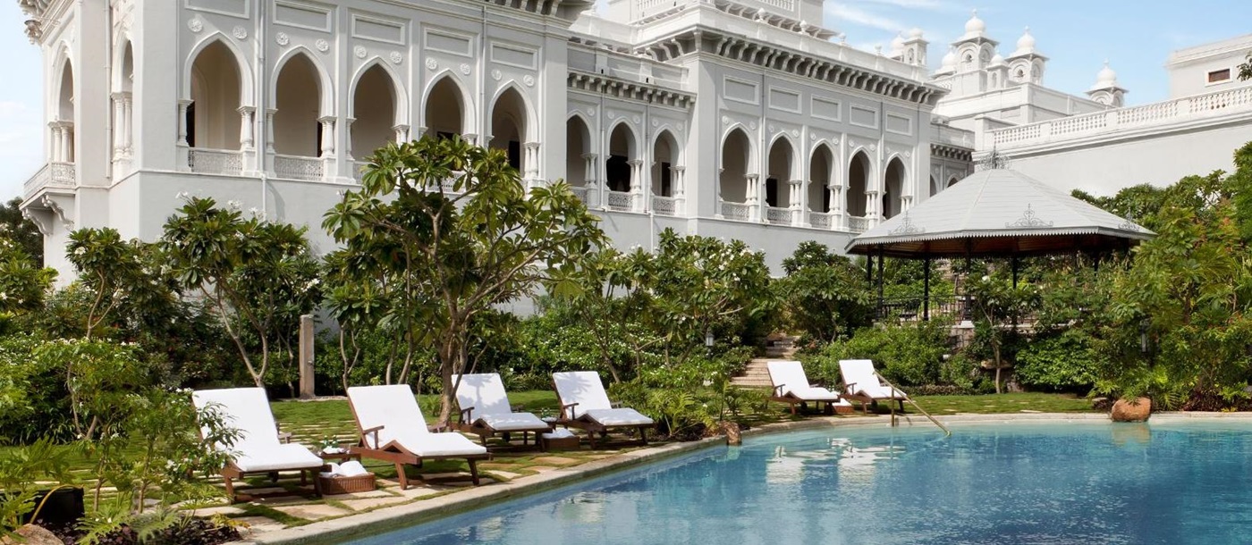 Poolside at Taj Falaknuma Palace in Hyderabad in India