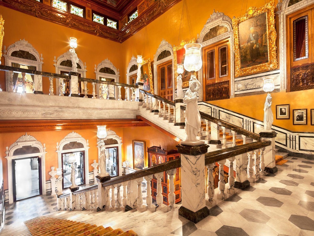 Staircase at Taj Falaknuma Palace in Hyderabad in India