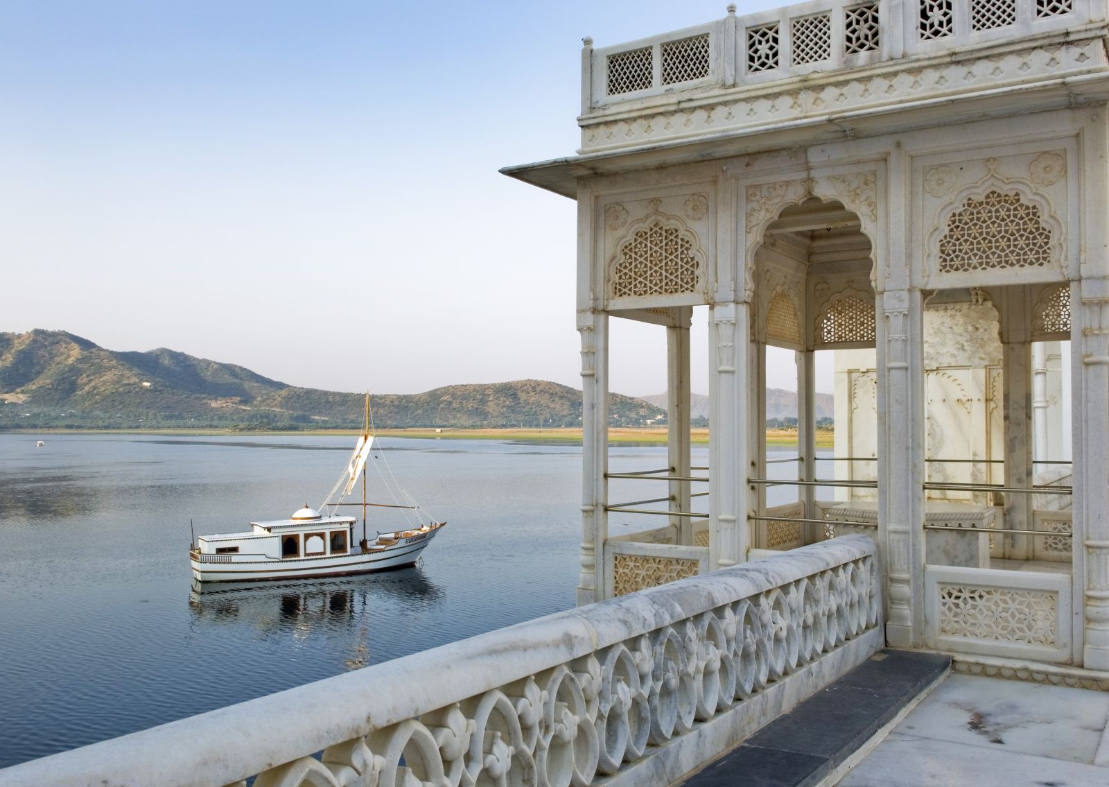 View of Lake Pichola from the roof of Taj Lake Palace in Udaipur