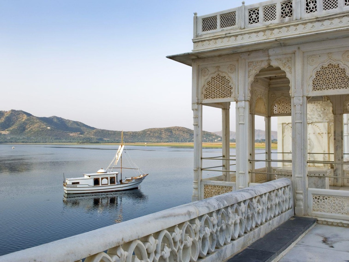 View of Lake Pichola from the roof of Taj Lake Palace in Udaipur
