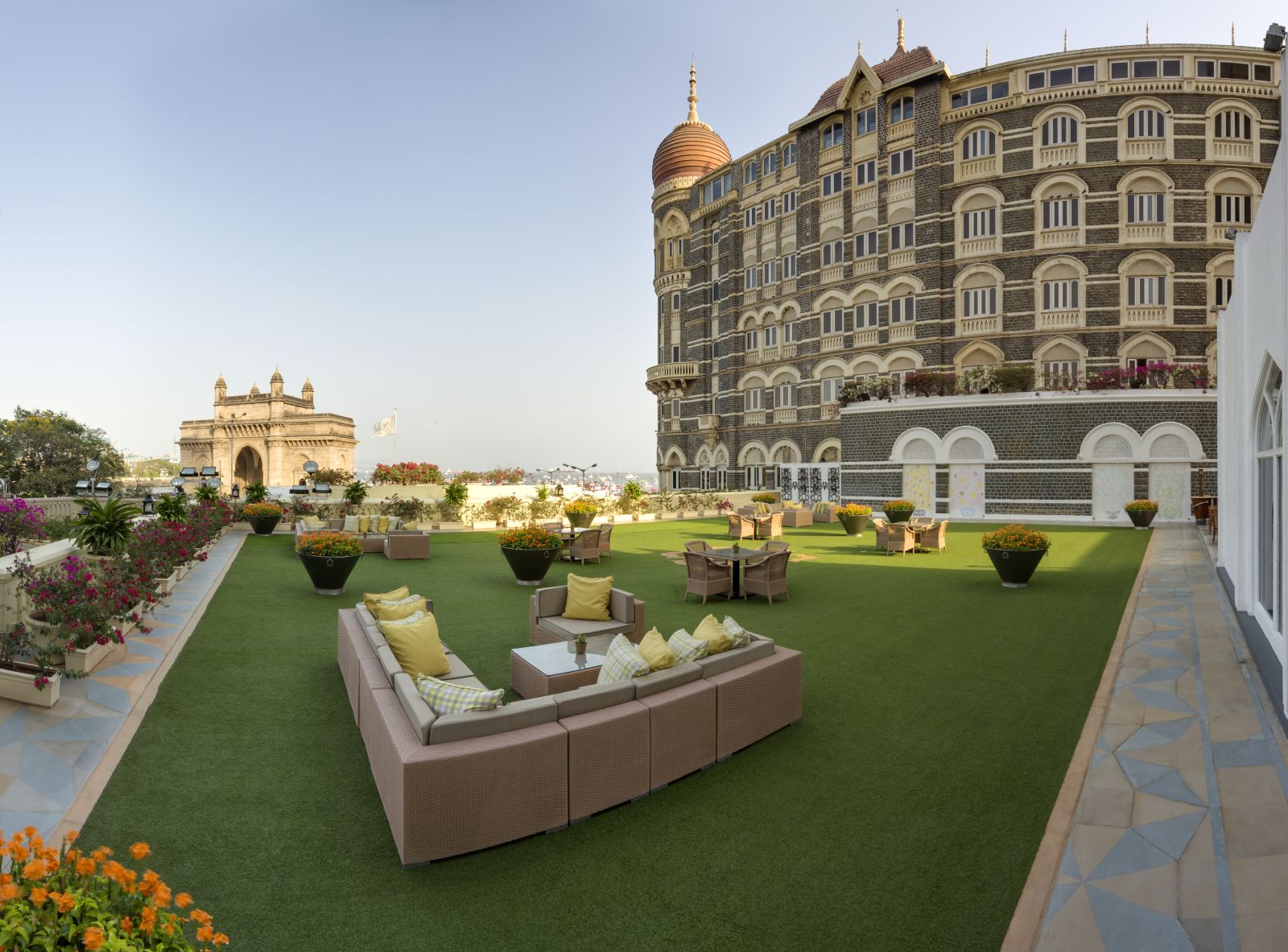 Terrace and grounds of the Taj Mahal Palace hotel in Mumbai