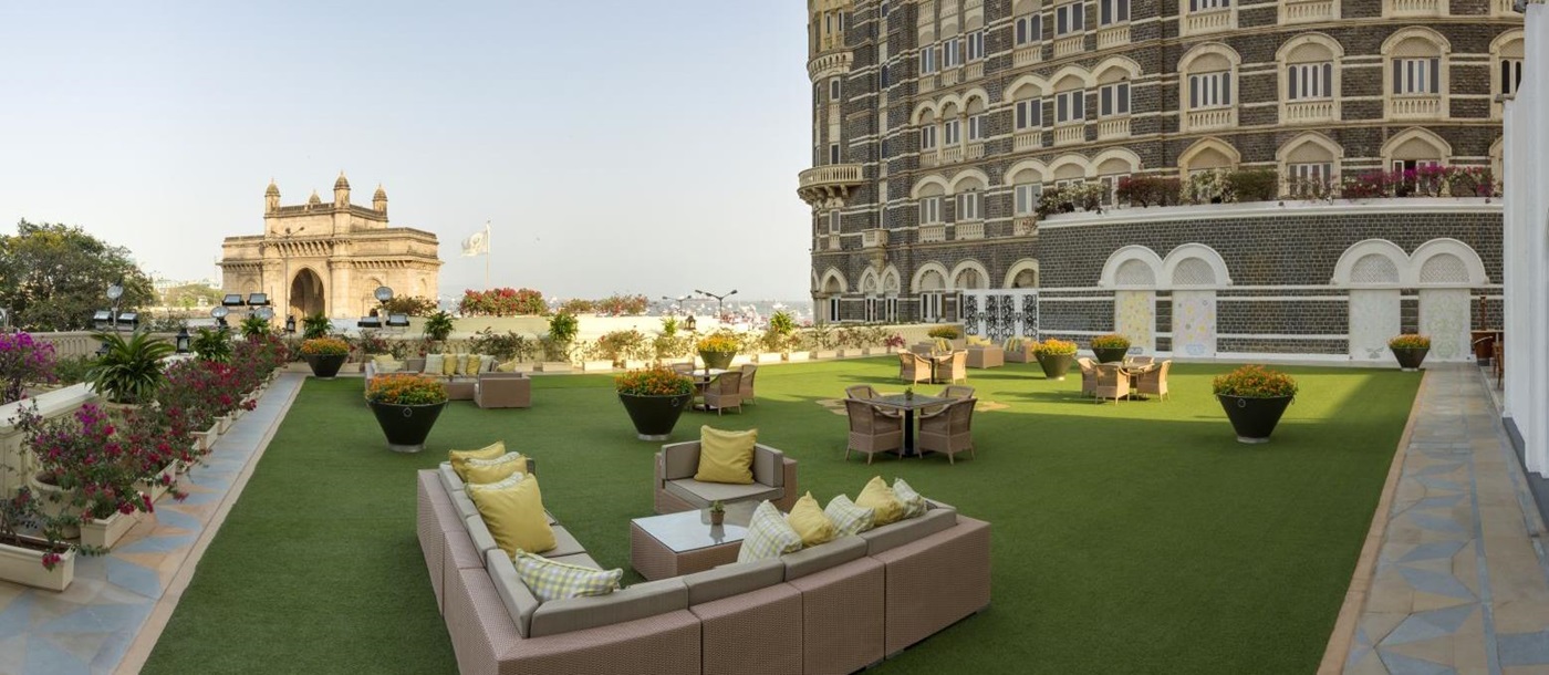 Terrace and grounds of the Taj Mahal Palace hotel in Mumbai
