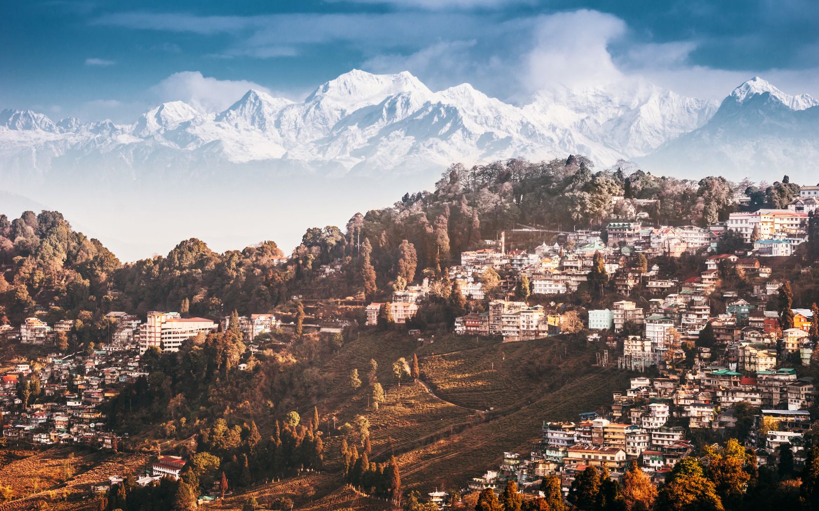 Aerial view of Kanchenjunga Hills in Darjeeling, Northeast India with backdrop of the Himalayas