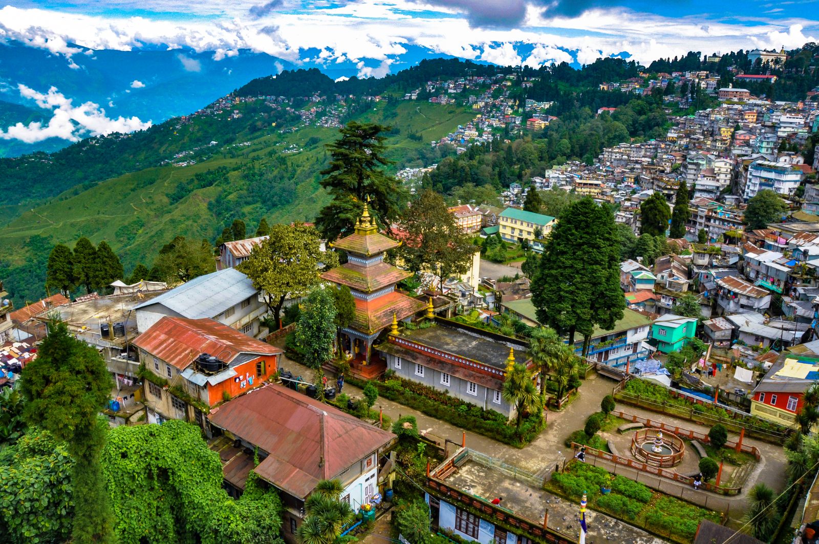 Aerial view of Queen Hills in Darjeeling, Northeast India with backdrop of the Himalayas