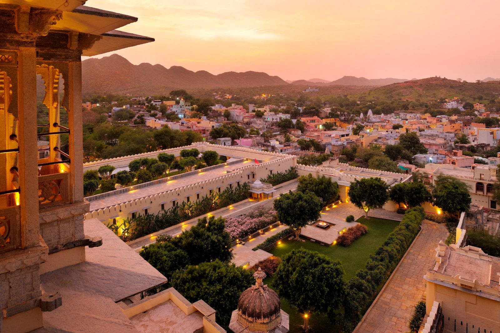 Sunset view of the courtyard and surrounding areas from the RAAS Devi Garh in Jodhpur, Rajasthan