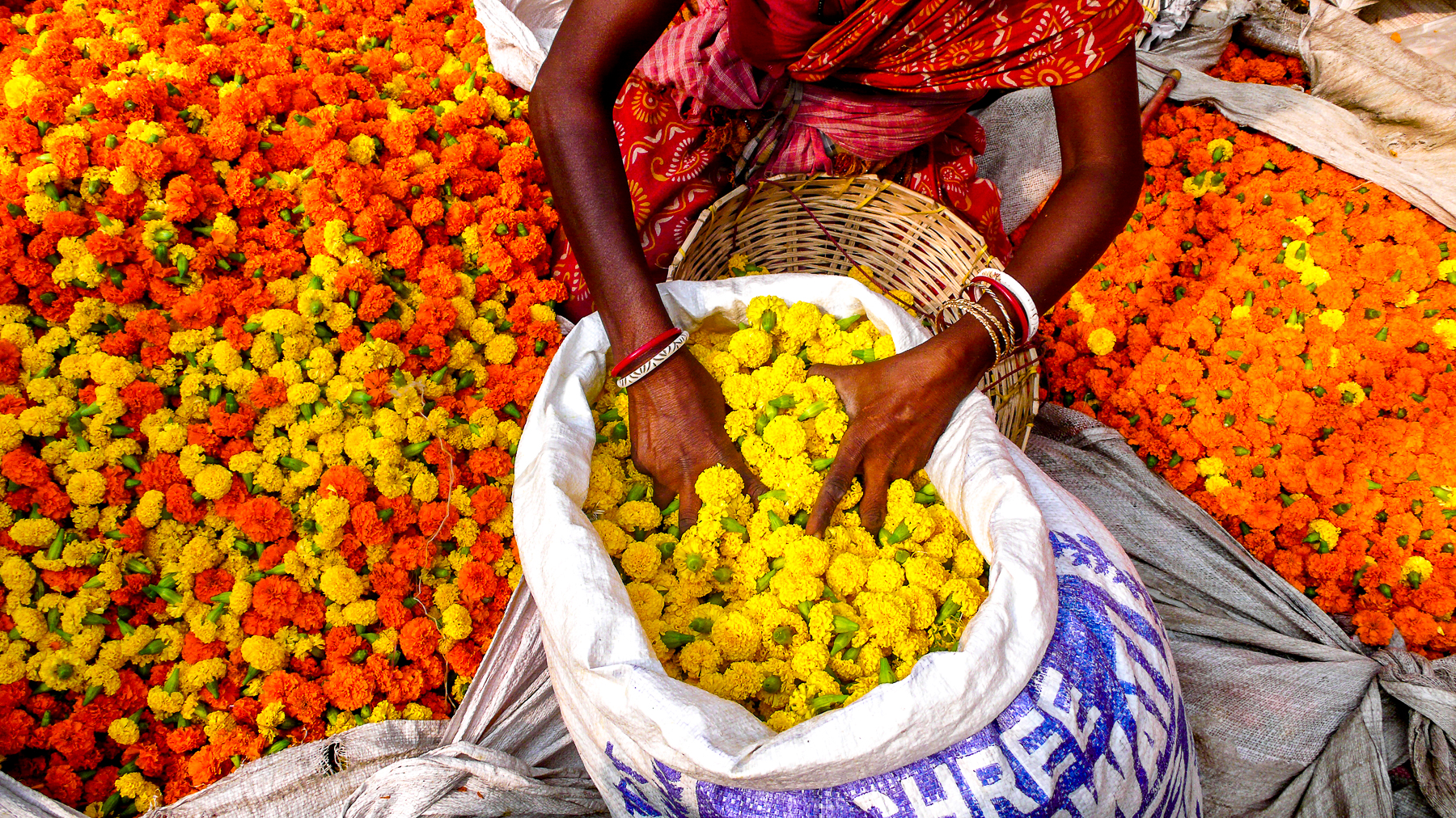 A woman selling flowers at Kolkata Flower Market