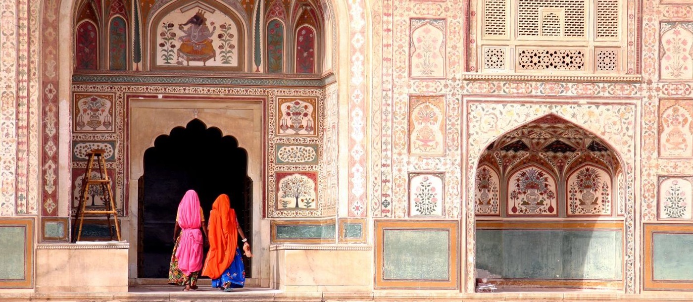 Ladies in traditional dress entering the Amber Fort in Jaipur