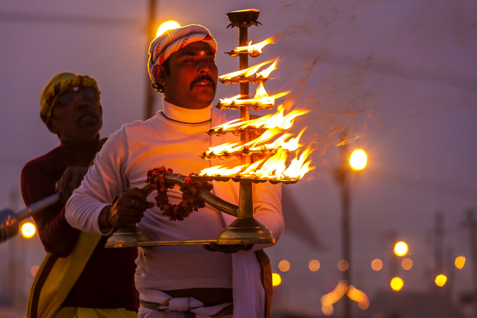 An evening ceremony at the Kumbh Mela festival in Delhi, India