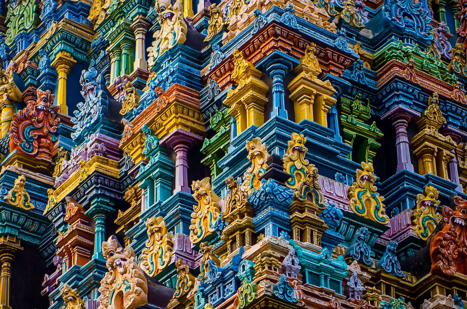 Detail of the intricate carvings on the pillars of Meenakshi temple in Madurai, India
