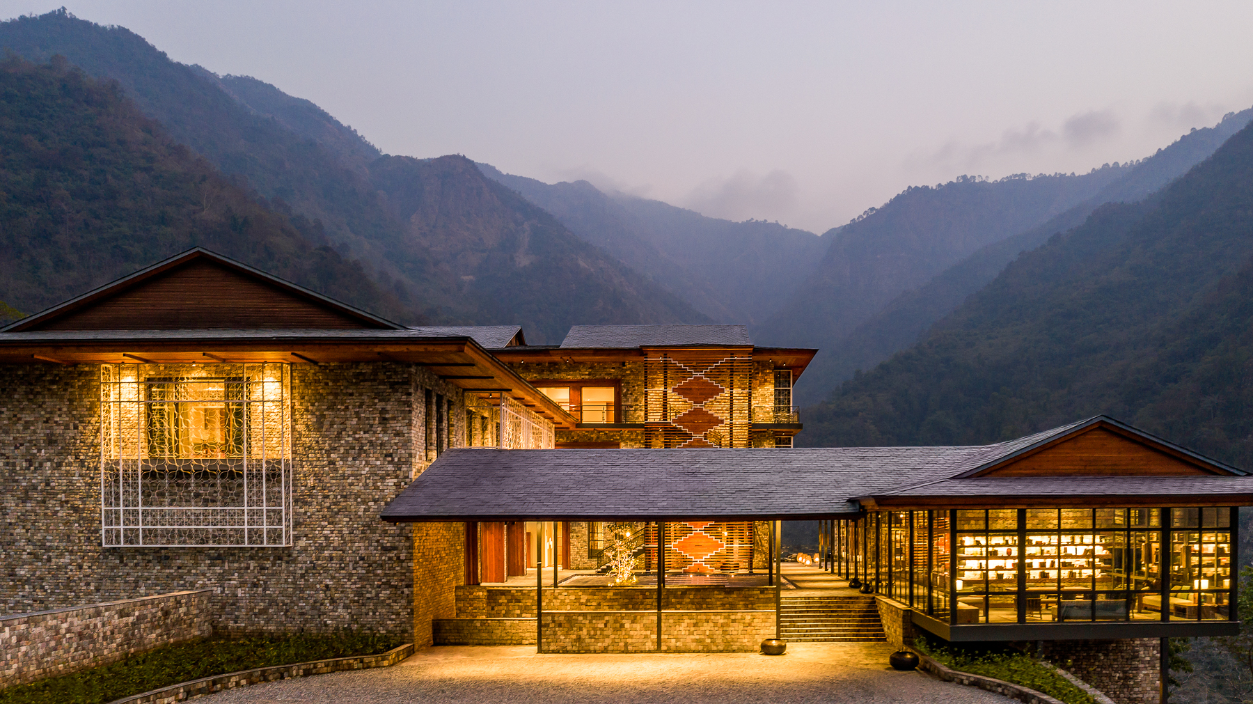 Façade of Taj Rishikesh at twilight