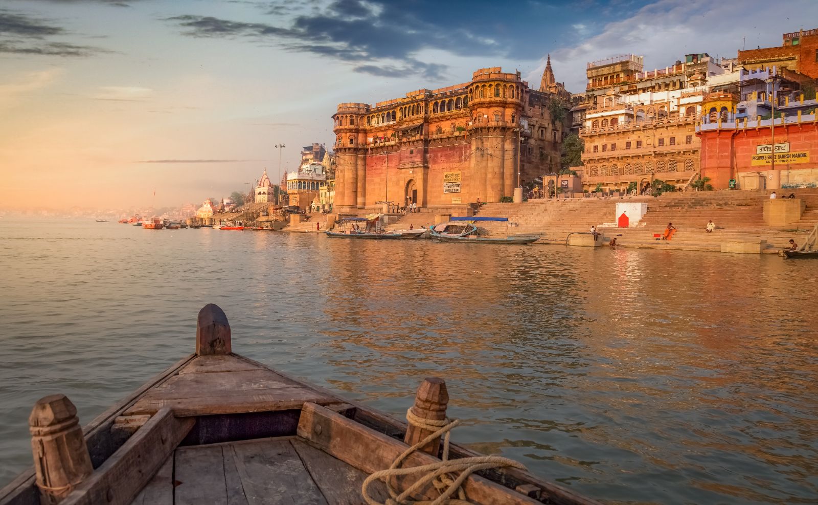 Coastal view of the city of Varanasi from a wooden boat in Northeast India