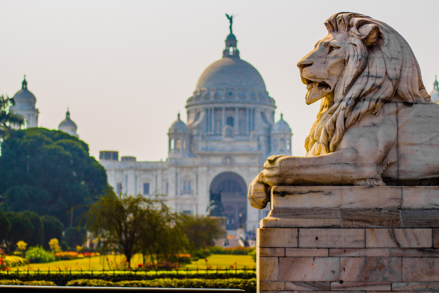 A lion statue in front of Victoria Memorial in Kolkata