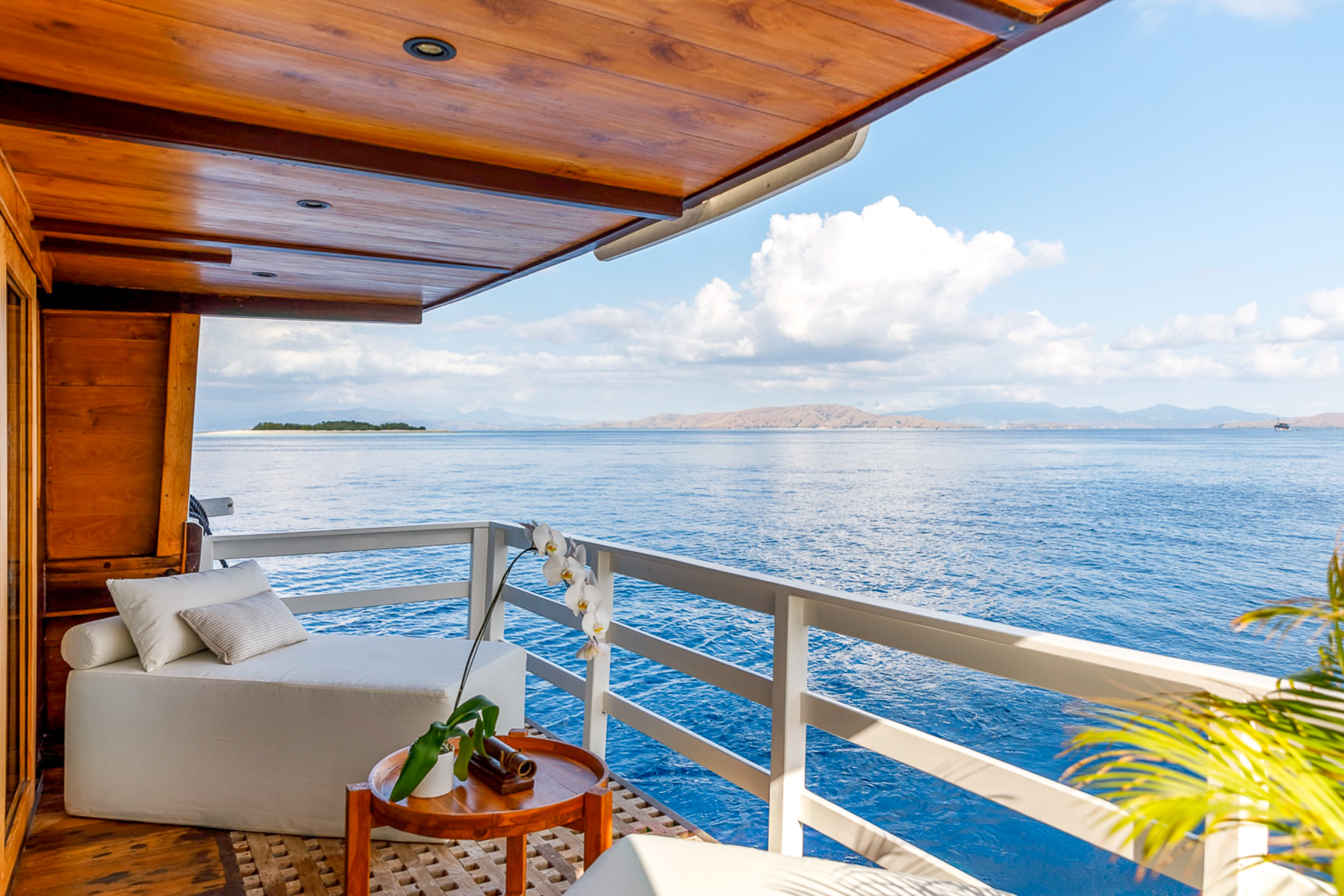 Balcony onboard the luxury phinisi Aliikai in Indonesia