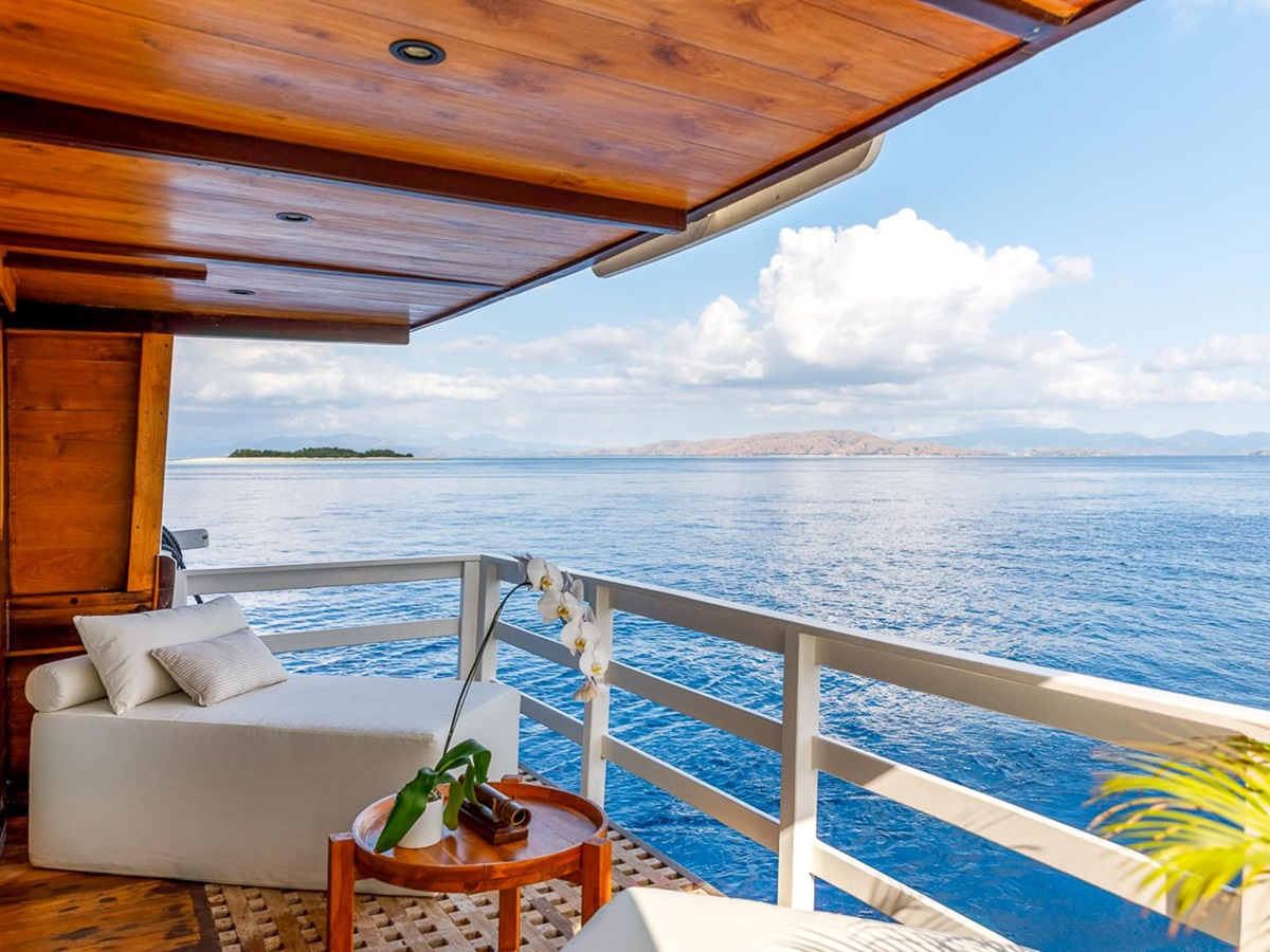 Balcony onboard the luxury phinisi Aliikai in Indonesia
