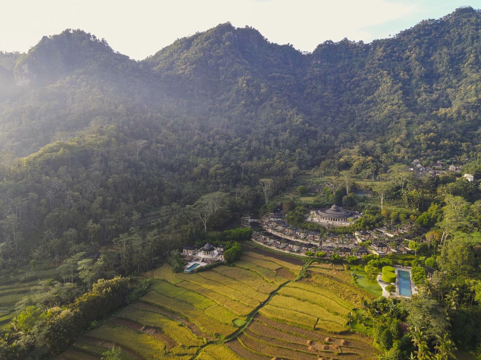 Aerial view of Amanjiwo resort in the Java region of Indonesia 