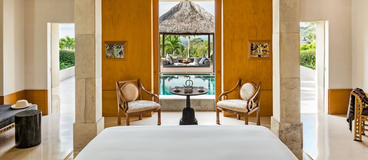 Pool suite bedroom at Amanjiwo resort in the Java region of Indonesia