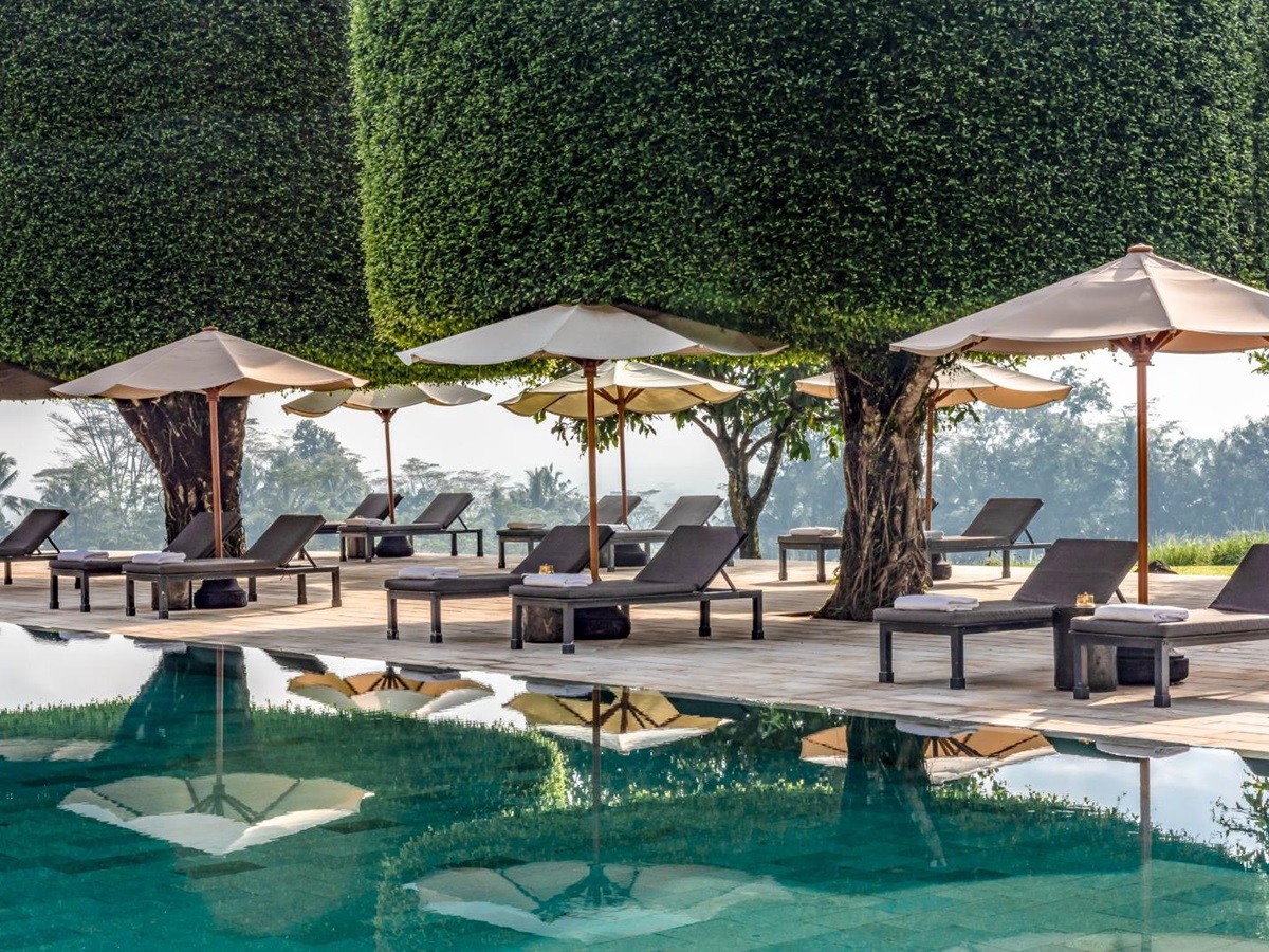 Sunbeds by the pool at Amanjiwo in the Java region of Indonesia