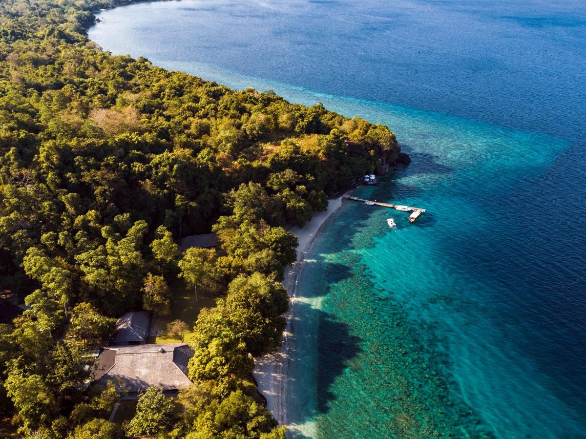 Aerial view of Amanwana resort on Moyo Island