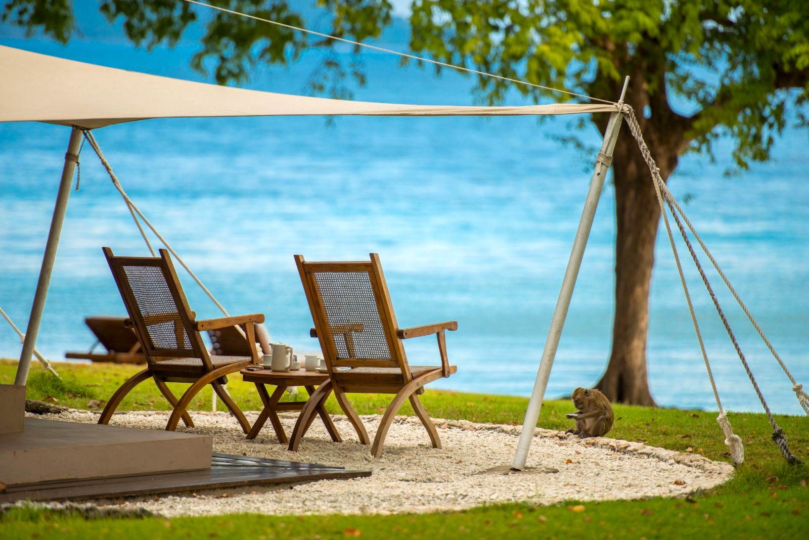 Chairs outside an Ocean Tent overlooking the sea on Moyo Island