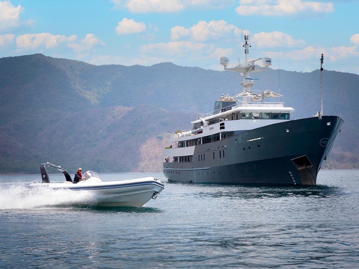 Exterior view of Aqua Blu and one of its skiffs in Indonesia