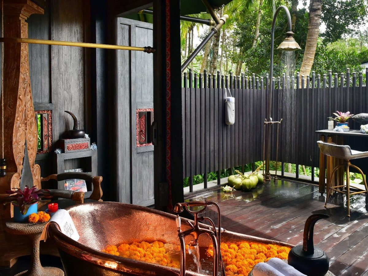 Bathroom of a tented suite at the Capella Ubud in Bali