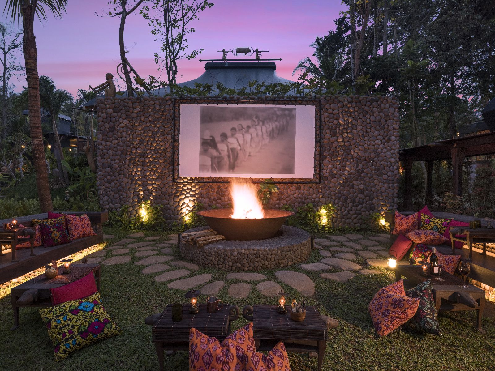 Silent movie around the campfire at the Capella Ubud in Bali