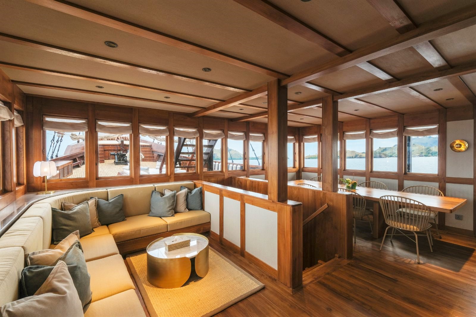 Interior lounge view of the Celestia phinisi in Indonesia