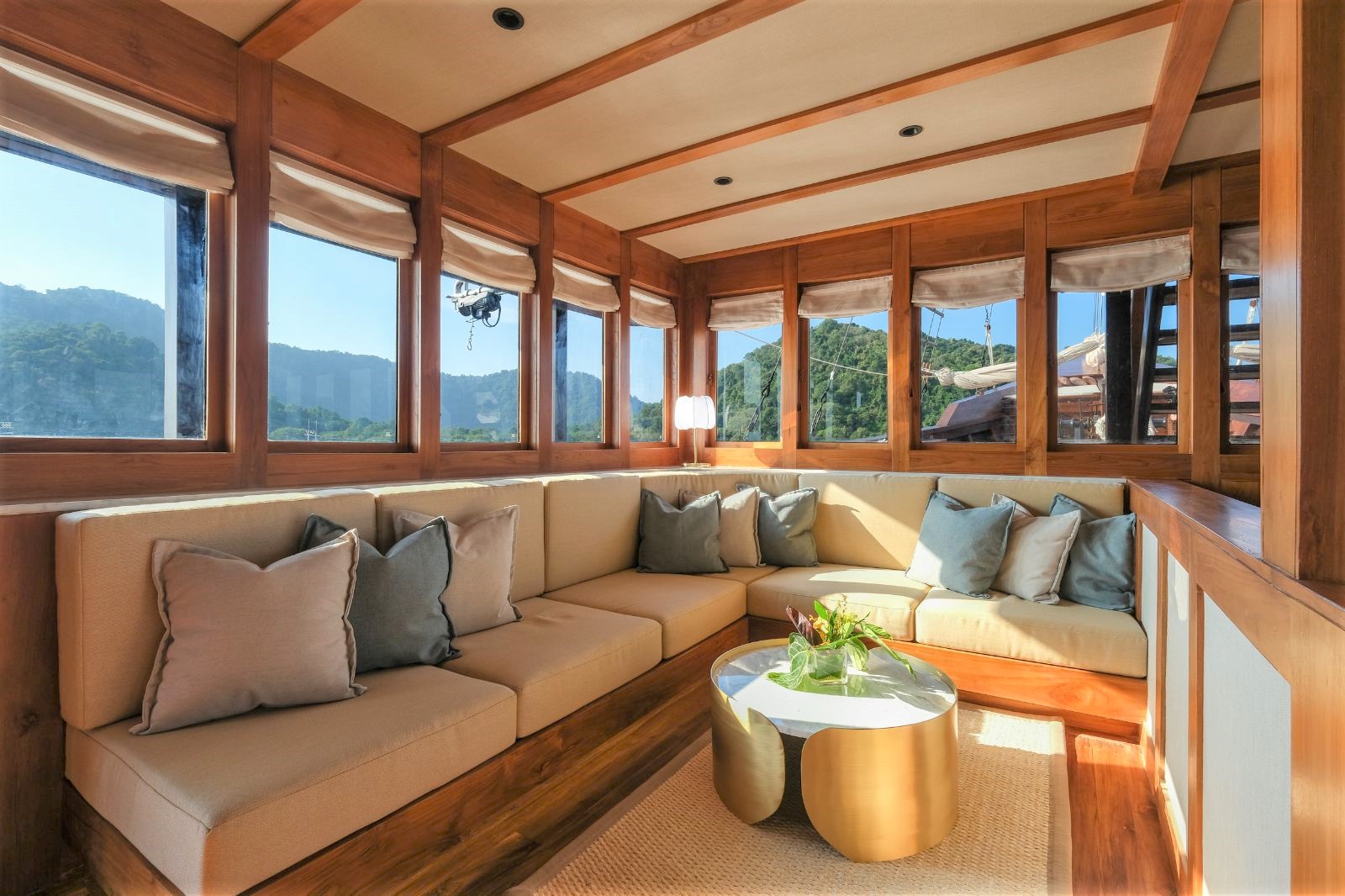 Indoor lounge onboard the Celestia phinisi in Indonesia