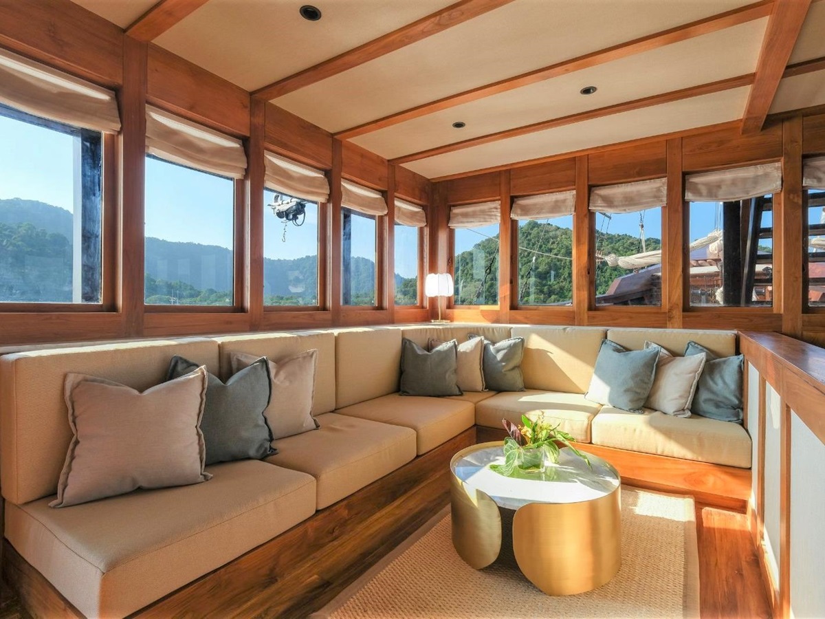 Indoor lounge onboard the Celestia phinisi in Indonesia