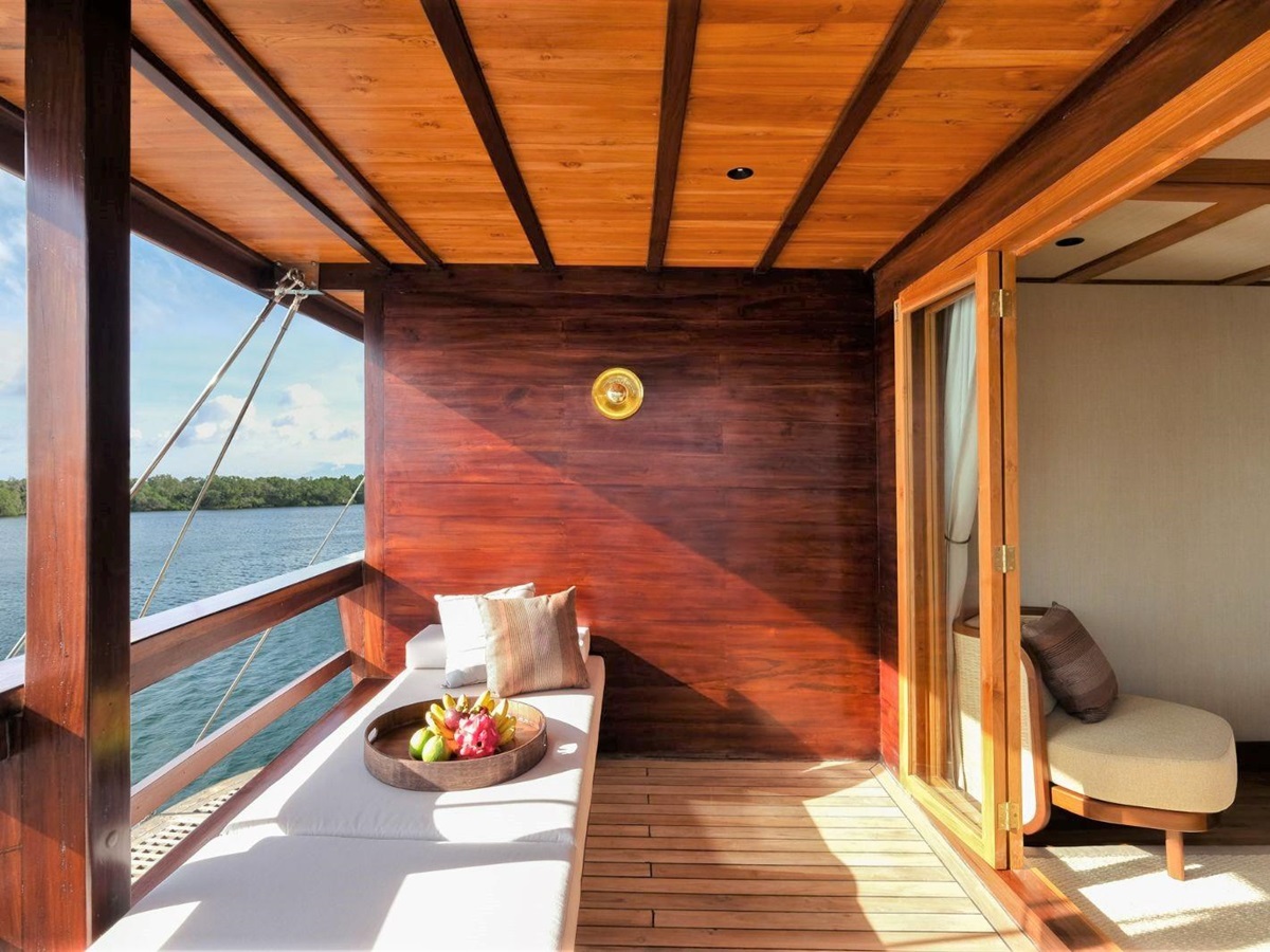 Guest balcony omboard the Celestia phinisi in Indonesia