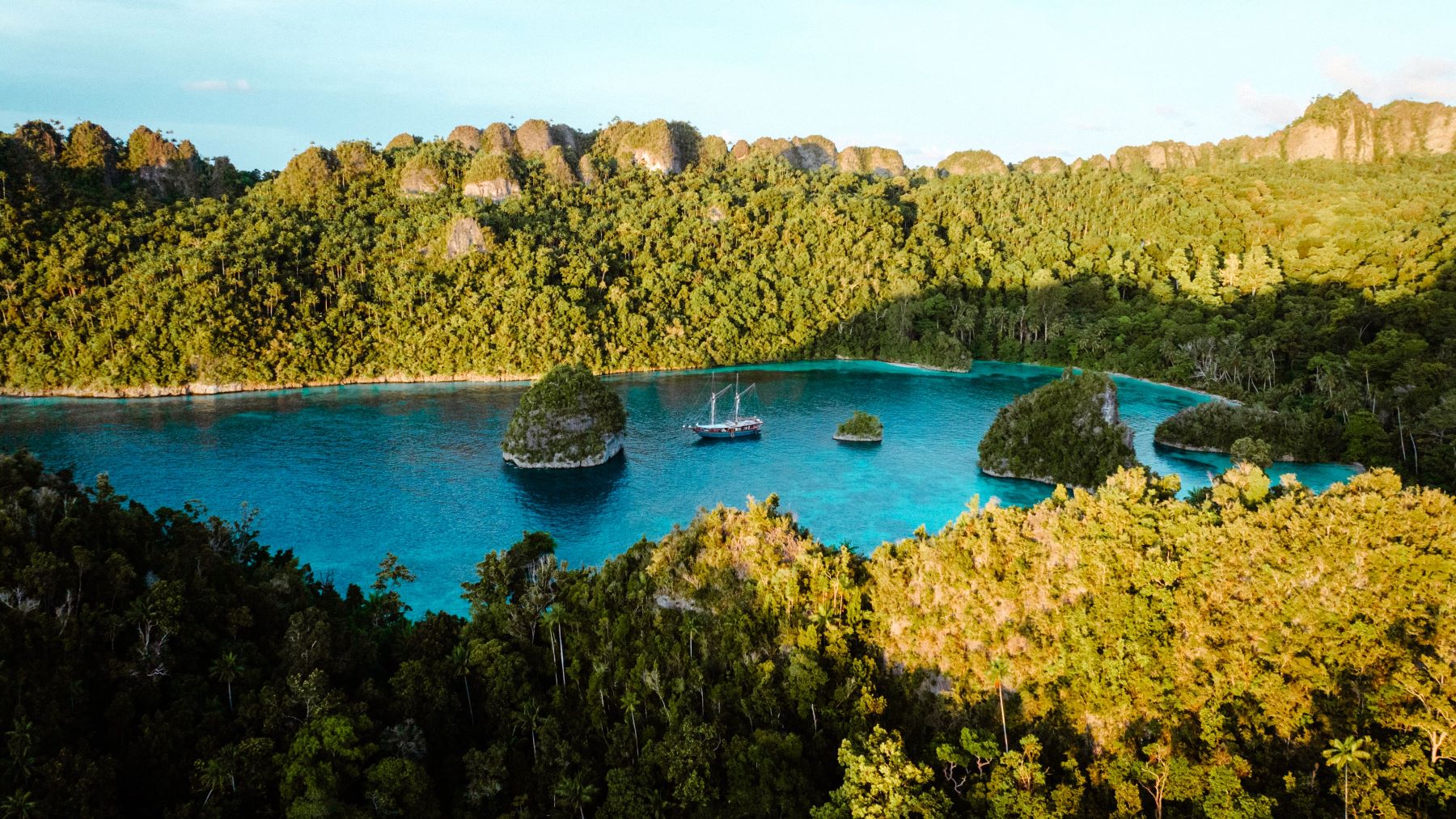 Aerial view of the Dewata luxury phinisi in Indonesia
