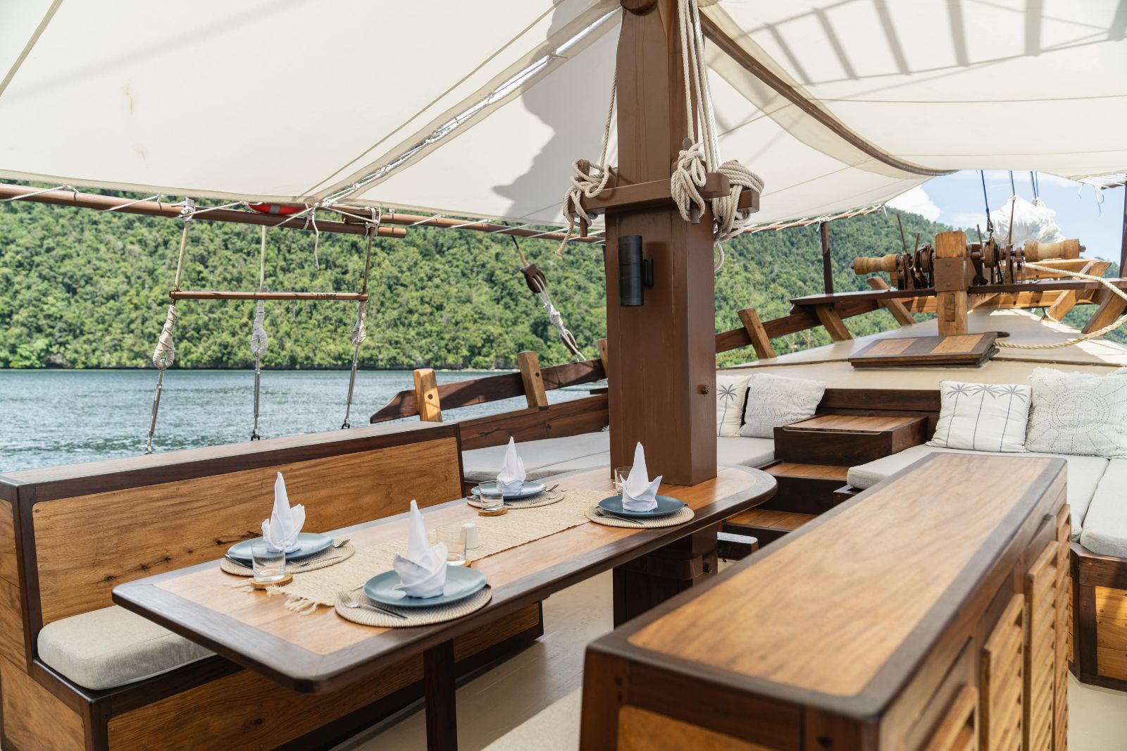 Dining table onboard the Dewata phinisi in Indonesia