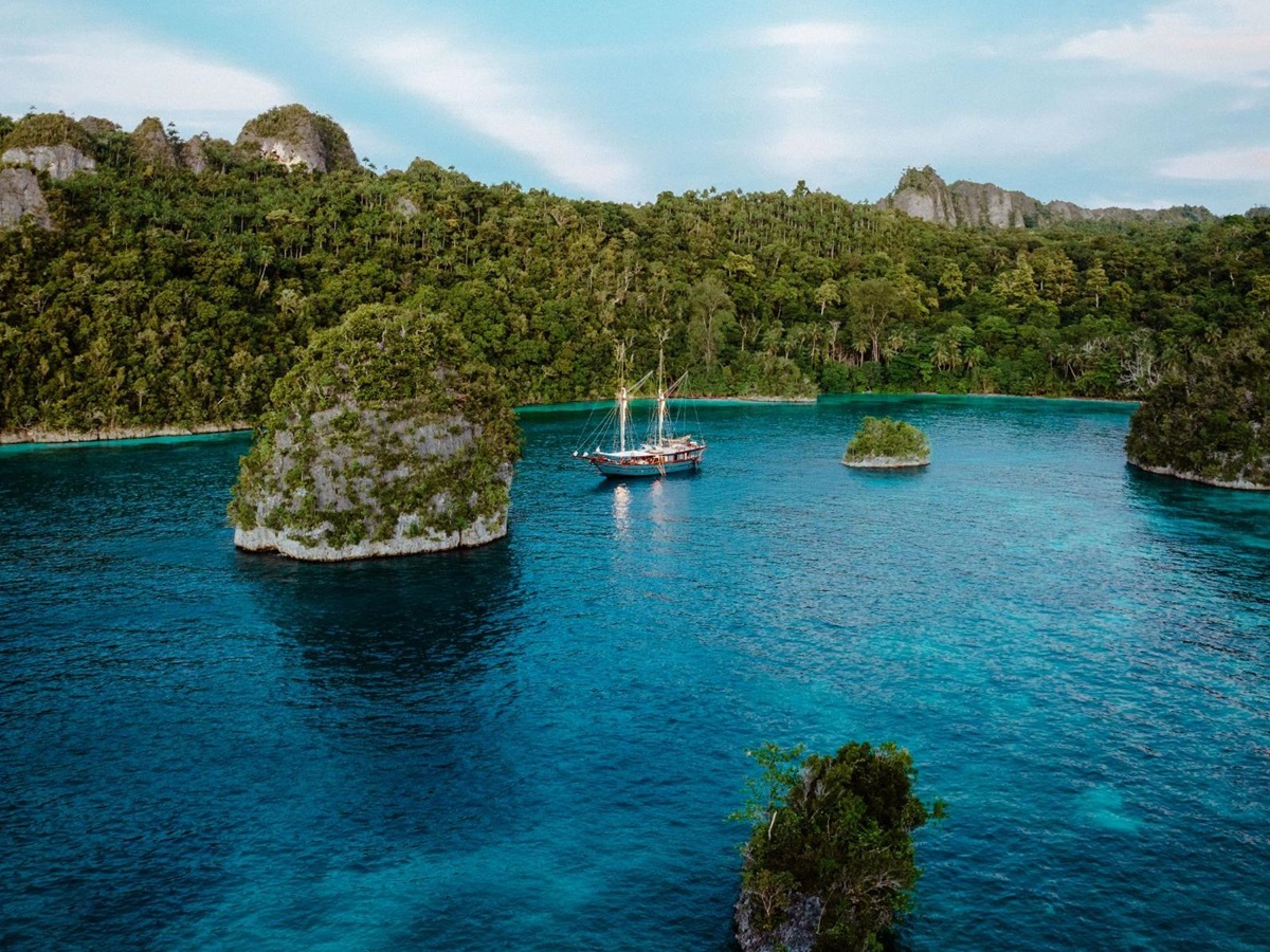 Long aerial view of the Dewata phinisi in Indonesia