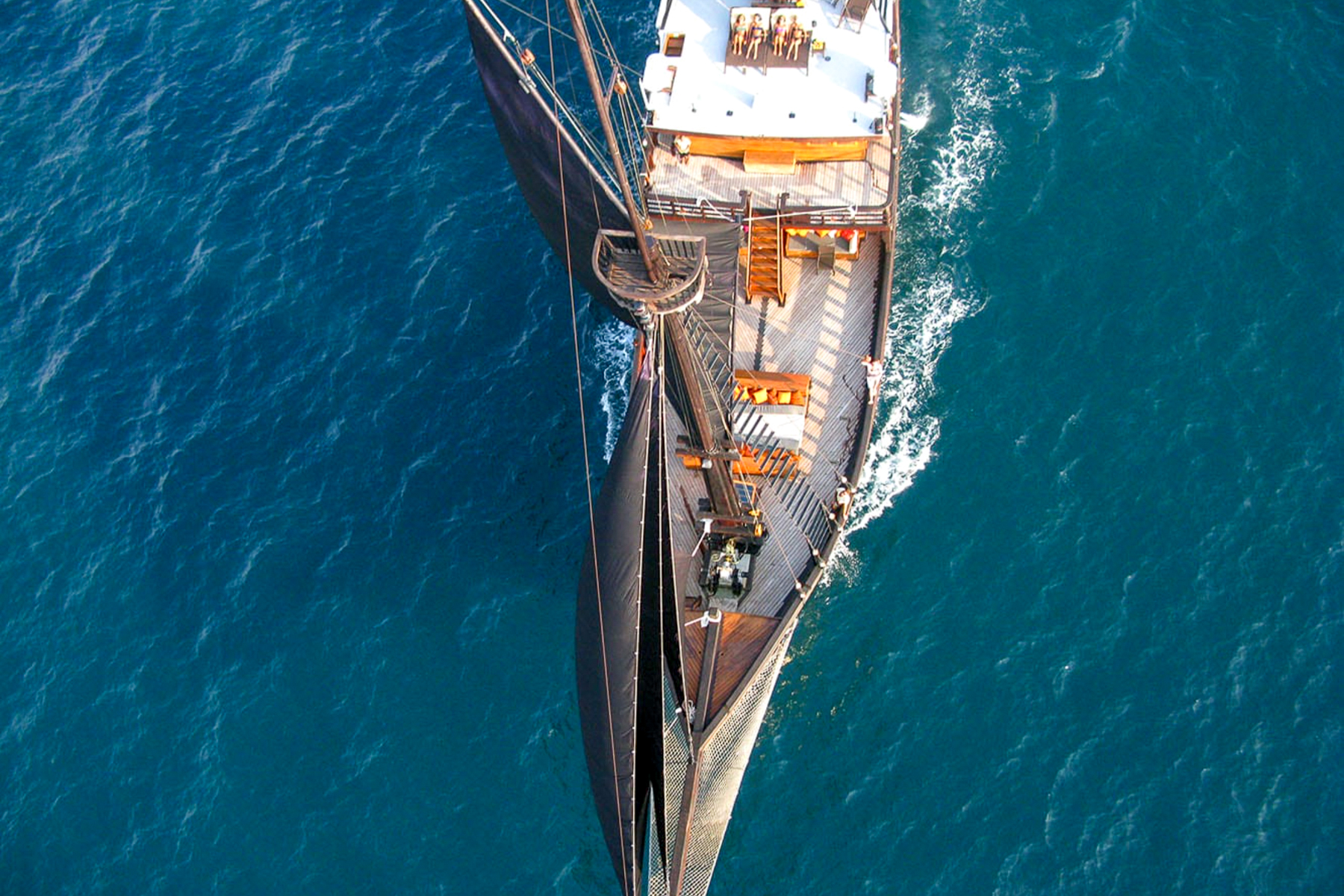 Aerial view of El Aleph luxury phinisi in Indonesia