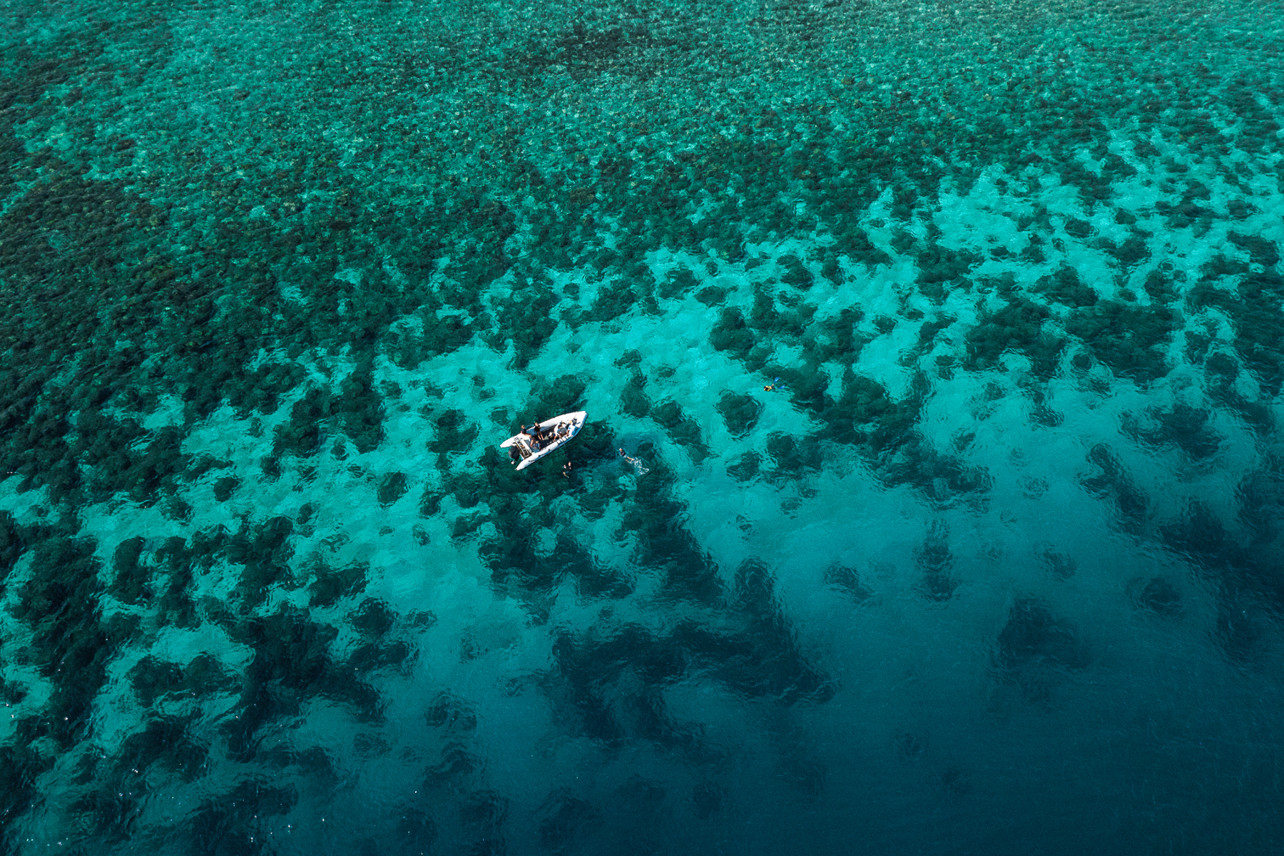 Aerial view of the tender from the El Aleph luxury phinisi in Indonesia