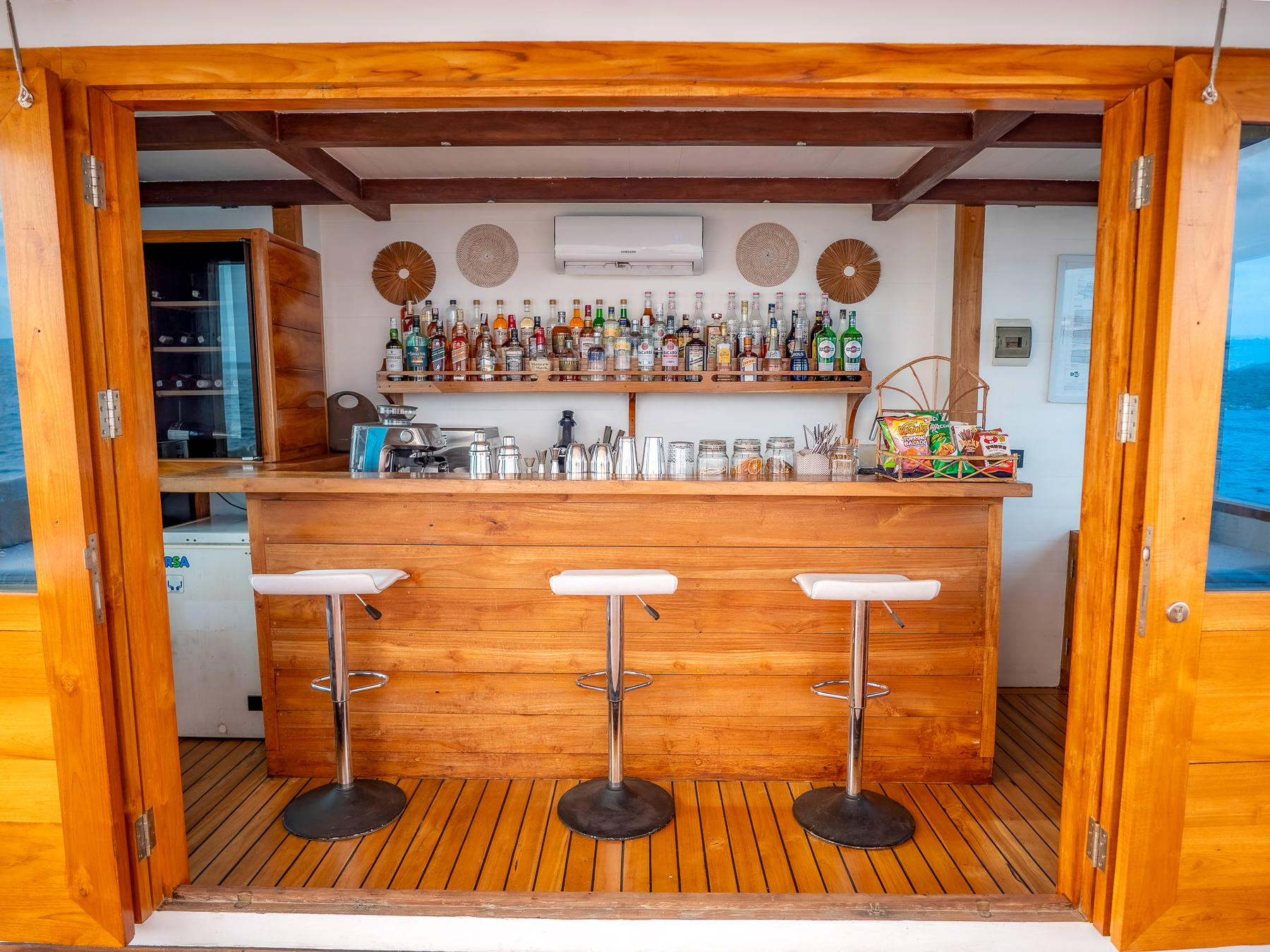 Bar onboard the Fenides luxury phinisi in Indonesia