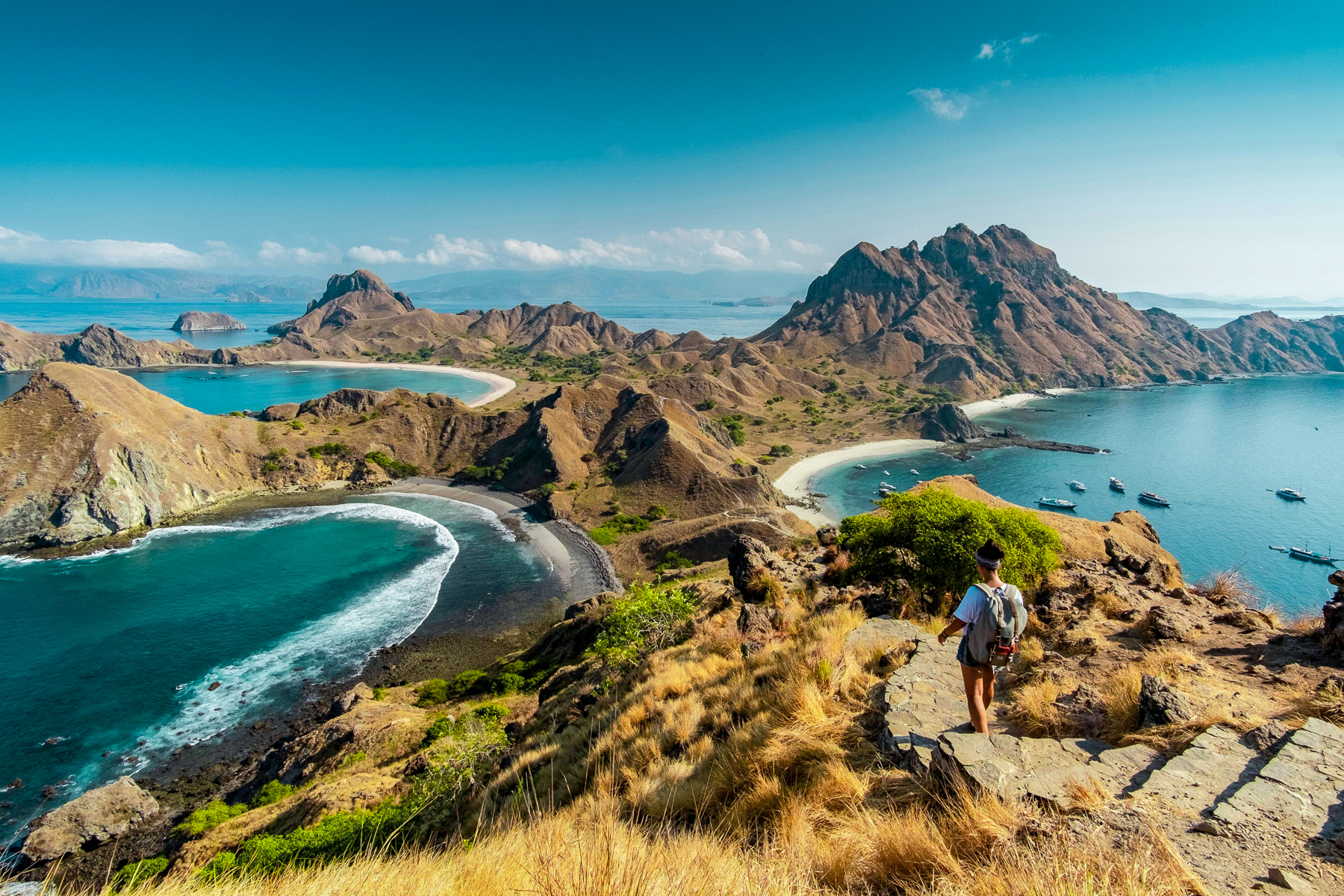 View over the Komodo Islands from the Fenides luxury phinisi in Indonesia