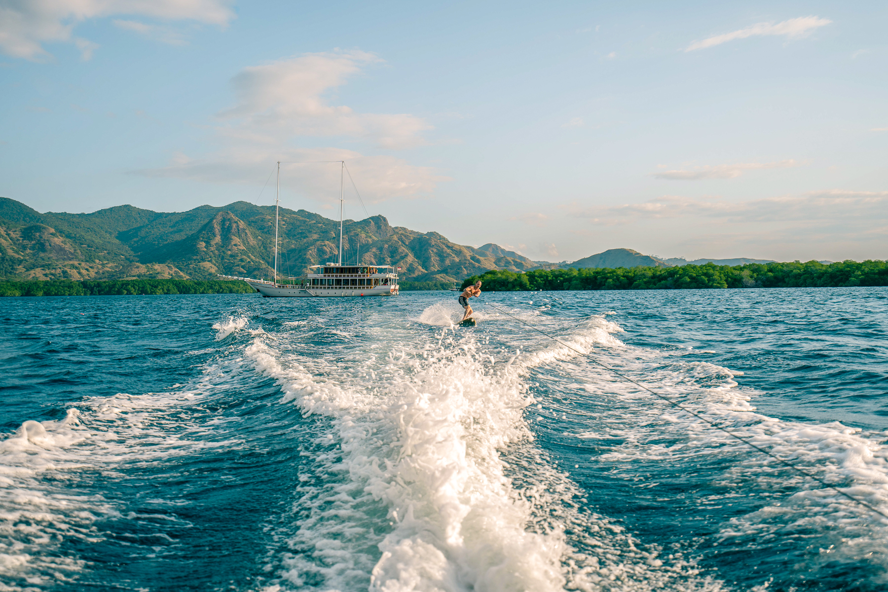 Waterskiing from the Fenides luxury phinisi in Indonesia