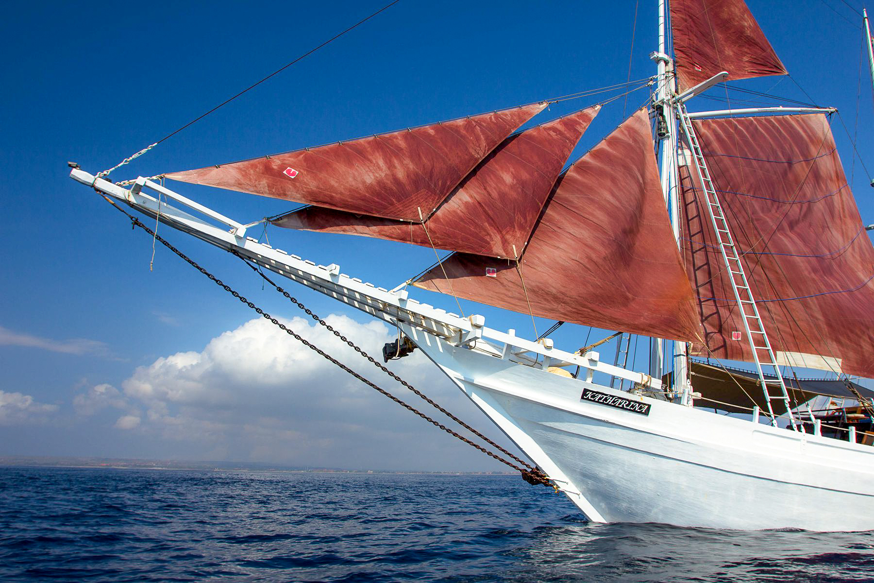 Exterior view of the bow of the Katharina luxury phinisi in Indonesia