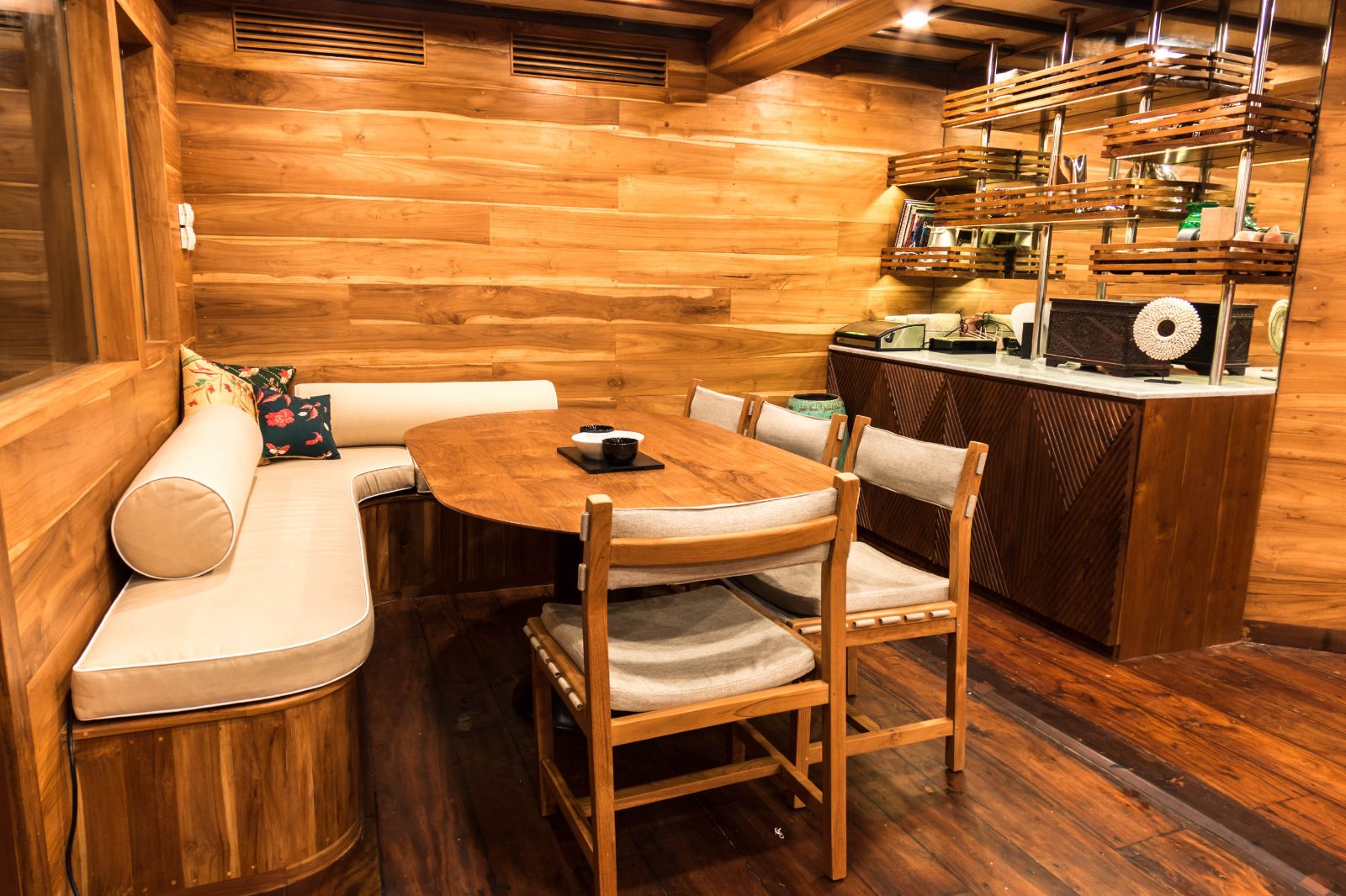 Dining table onboard the Magia II phinisi on Indonesian waters