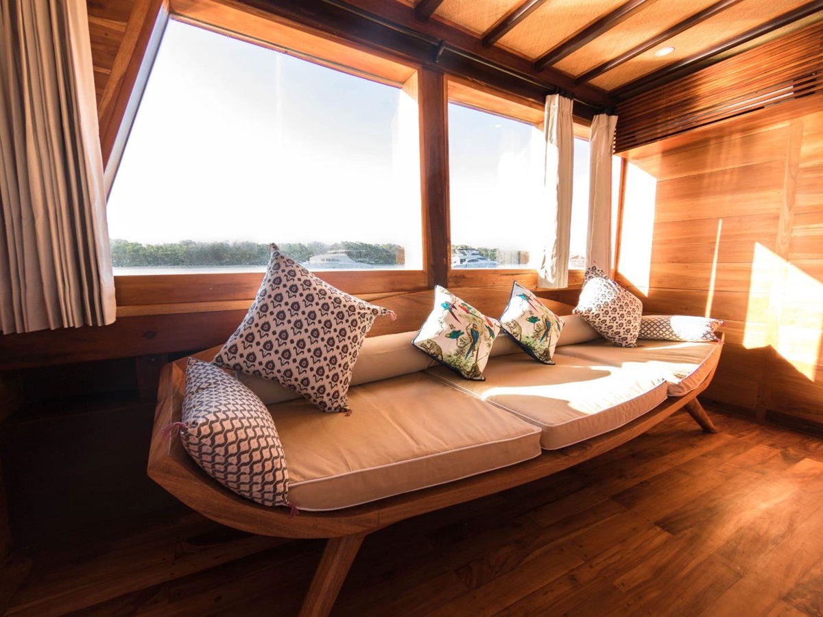 Indoor sofa onboard the Magia II phinisi on Indonesian waters