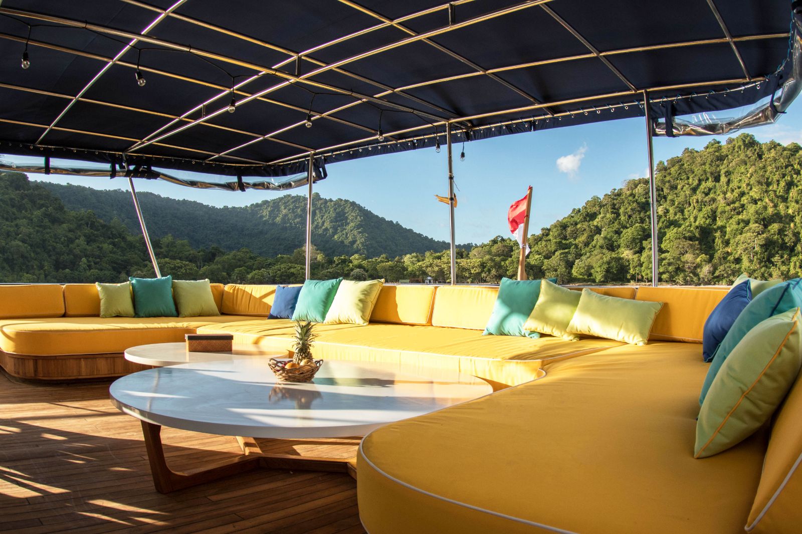 Lounge lower angle onboard the Magia II phinisi on Indonesian waters