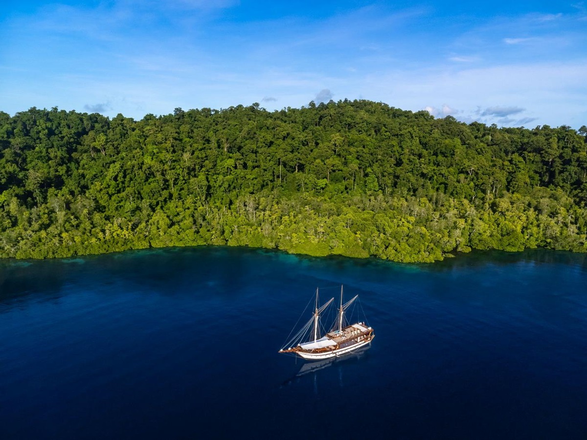 Aerial view of the Majik phinisi in Indonesia