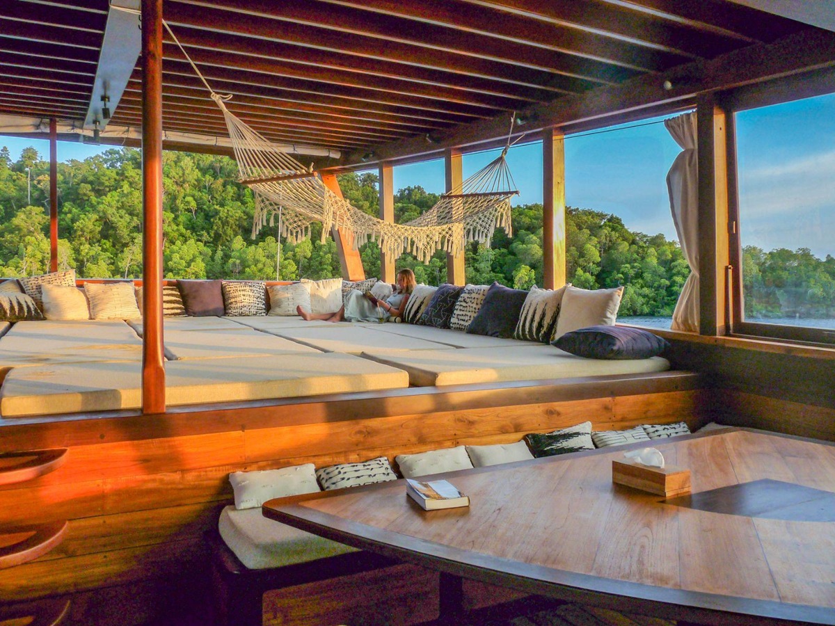 Lounge onboard the Majik phinisi in Indonesia