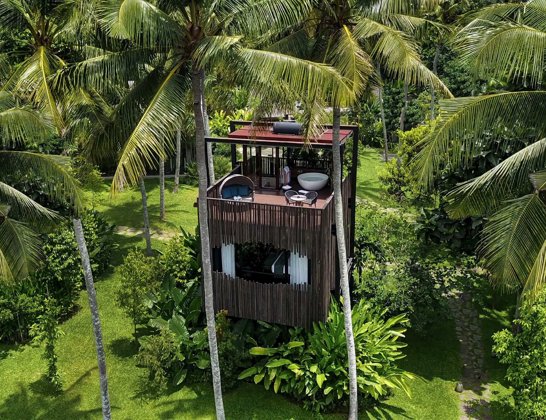 Aerial view of a canopy suite at Nirjhara luxury resort in Bali