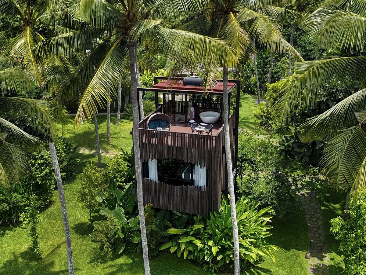 Aerial view of a canopy suite at Nirjhara luxury resort in Bali