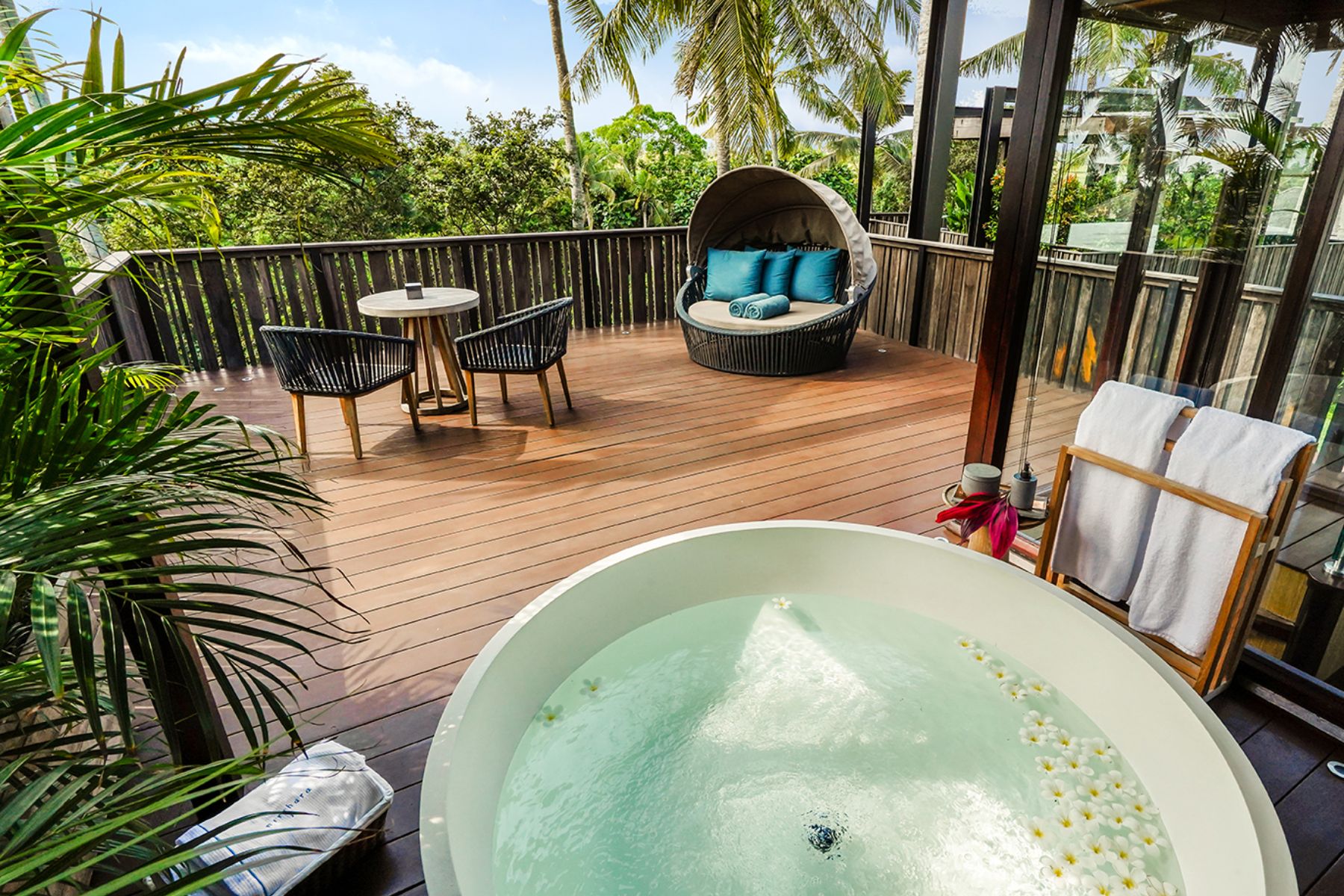 Canopy suite terrace at Nirjhara luxury resort in Bali