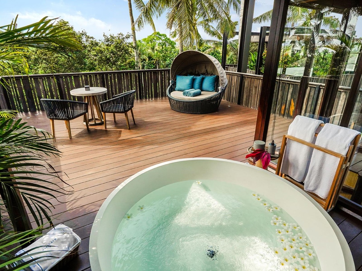 Canopy suite terrace at Nirjhara luxury resort in Bali
