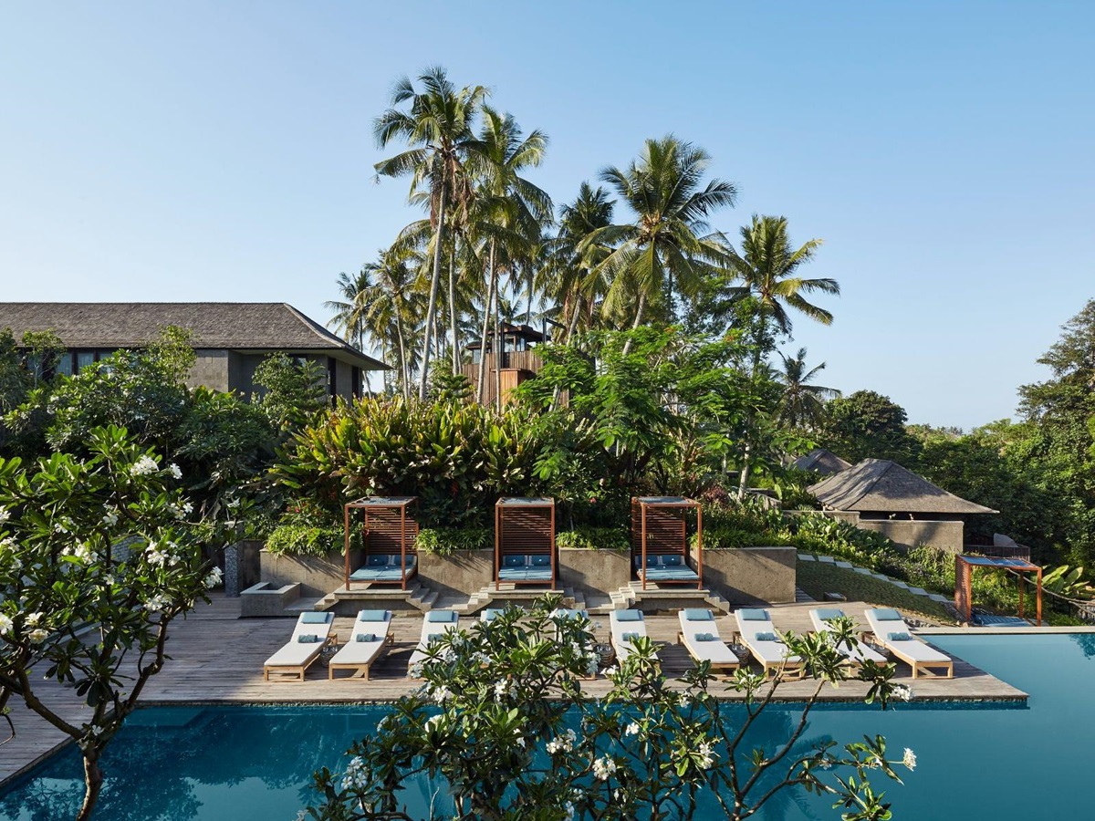 Swimming pool at Nirjhara luxury resort in Bali