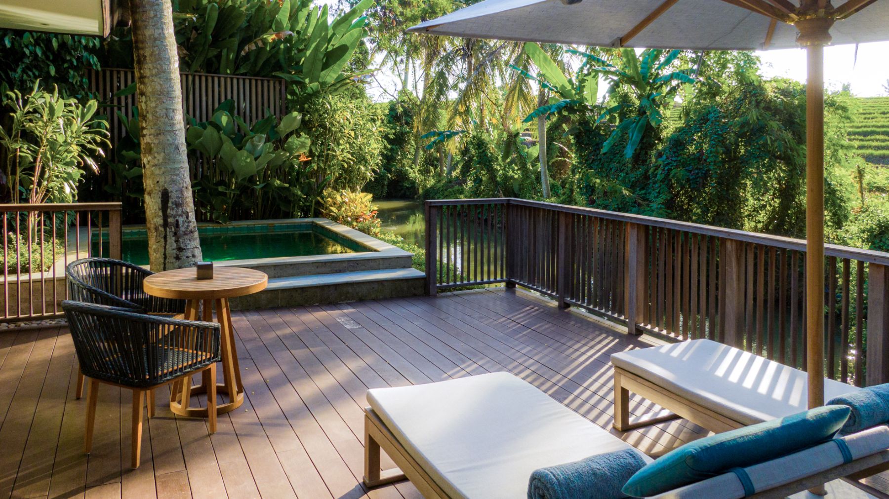 Pool pavilion at at Nirjhara luxury resort in Bali
